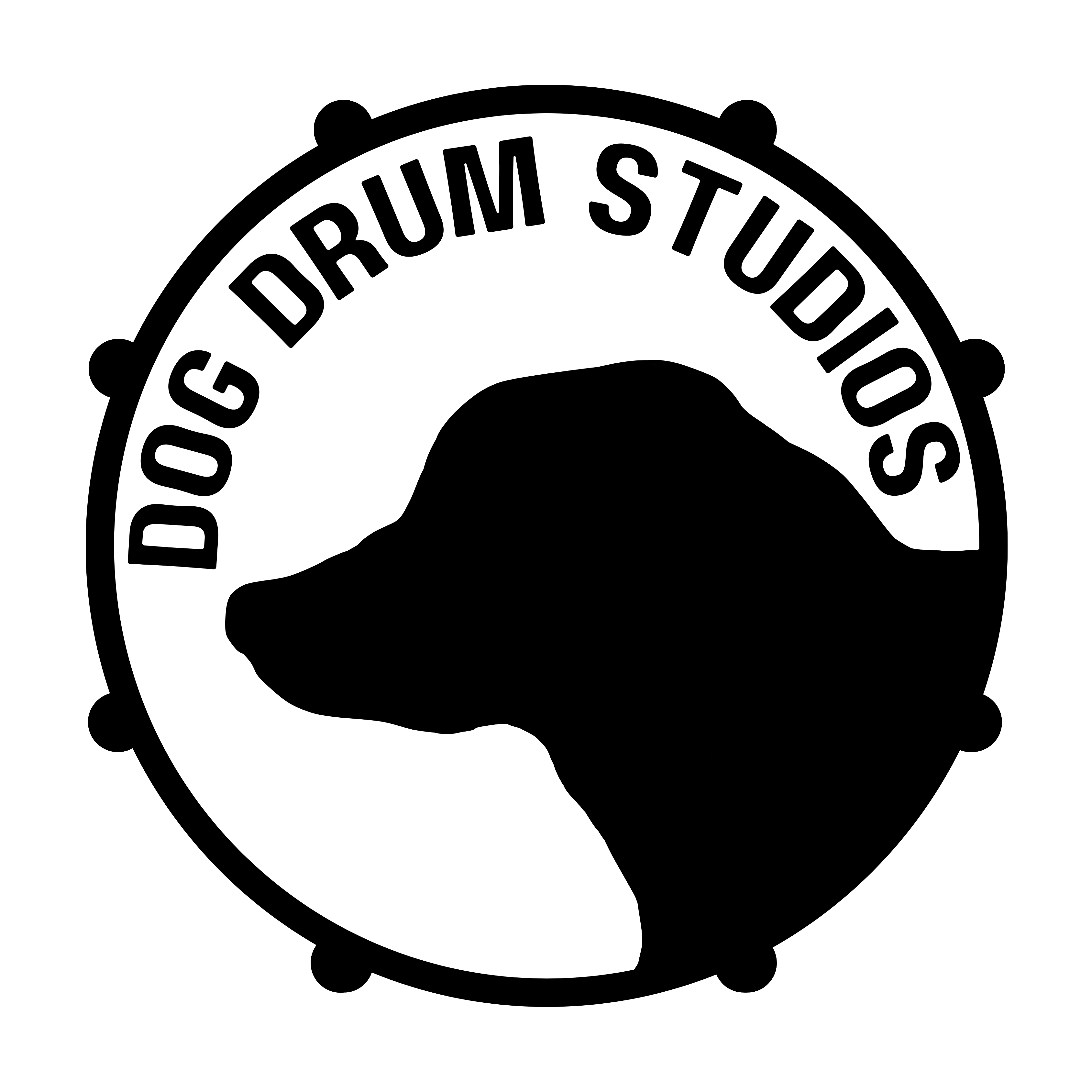 Logo for Dog Drum Studios. A black labrador silhouette framed by the rim of a drum.